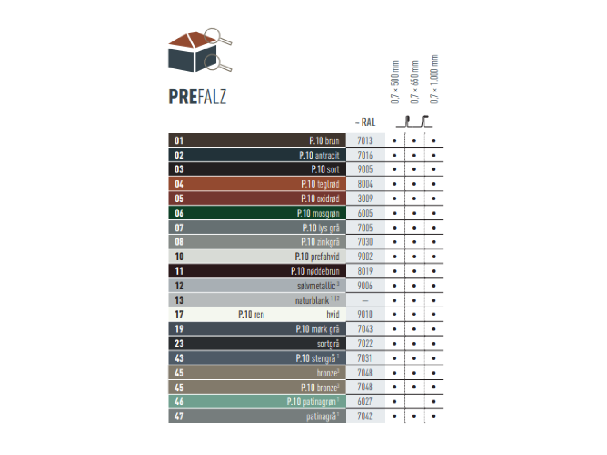 Farvesortiment, der viser de farver, som PREFALZ-produkterne fås i. PREFALZ findes i forskellige P.10-farver samt i standardfarver. 