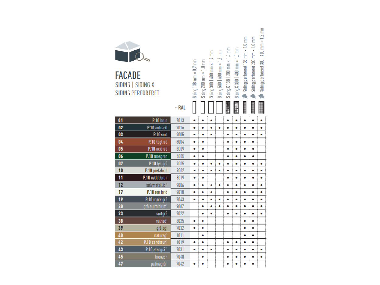 Farvesortiment, der viser de farver, som PREFA Siding og Siding.X fås i. PREFA Siding og Siding.X findes i forskellige P.10-farver samt i standardfarver. 