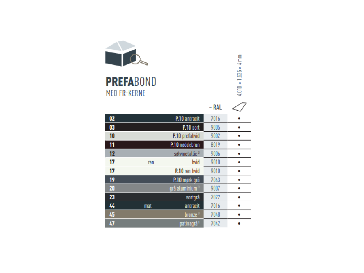 Farvesortiment, der viser de farver, som PREFABOND-aluminiumskompositpladerne fås i. PREFABOND aluminiumskompositplade findes i forskellige P.10-farver samt i standardfarver. 